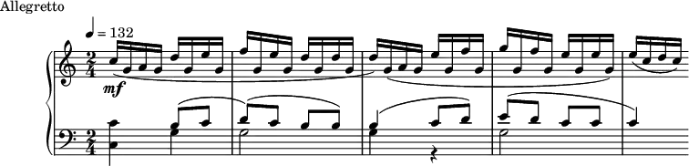 
\version "2.18.2"
\header {
  tagline = ##f
}
upper = \relative c'' {
  \clef treble 
  \key c \major
  \time 2/4
  \tempo 4 = 132
  \override TupletBracket.bracket-visibility = ##f
   %%Montgeroult — Étude 7 (pdf p. 26)
   c16(\mf g a g \stemUp d' g, e' g, | f' g, e' g,  d' g, d' g, d') g,( a g e' g, f' g, g' g, f' g, e' g, e' g,) e'( c d c)
}
lower = \relative c' {
  \clef bass
  \key c \major
  \time 2/4
  < c c, >4 << { b8( c d)( c b b) b4( c8 d) e( d c c c4) } \\ { g4 g2 g4 r4 g2  } >>
}
  \header {
    piece = "Allegretto"
  }
\score {
  \new PianoStaff <<
    \new Staff = "upper" \upper
    \new Staff = "lower" \lower
  >>
  \layout {
    \context {
      \Score
    }
  }
  \midi { }
}
