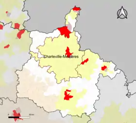 Localisation de l'aire d'attraction de Charleville-Mézières dans le département des Ardennes.