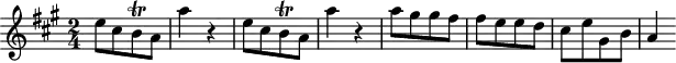 
\header {
  tagline = ##f
}
\score {
  \new Staff \with {
  }
<<
  \relative c'' {
    \key a \major
    \time 2/4
    \override TupletBracket #'bracket-visibility = ##f 
    %\autoBeamOff
     %%%%%%%%%%%%%%%%%%%%%%%%%% K15l
     e8[ cis b\trill a] a'4 r4 e8[ cis b\trill a] a'4 r4 a8[ gis gis fis] fis[ e e d] cis[ e gis, b] a4
  }
>>
  \layout {
    \context {
      \remove "Metronome_mark_engraver"
    }
  }
  \midi {}
}
