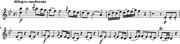 
\relative c'' {
  \version "2.18.2"
  \key bes \major
  \time 4/4
  \tempo "Allegro moderato"
  \tempo 4 = 110  
  <d bes'>4\f bes'2 \grace c16 (bes8) a16 g
  g8 (f) f2 \grace g16 (f8) ees16 d
  d8 (c) bes2 (a4)
  bes16 (d) c (ees) d (f) ees (g) f4 r
  r2 r8 ees,-!\p ees-! ees-! 
  ees (d) r4 f8 (ees) r4 
  g8\f (f) f2 \grace g16 (f8) ees16 d
  d8 (c) r4 ees8 (d) r4
  f8\f (ees) ees2 \grace f16 (ees8) d16 c
  d4. (ees16 f) f8 (ees) ees (d)
  d8.\trill (c32 d) c4 r
}
