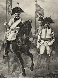 Junker porte-étendard du Yekaterinoslavskiy et Trompette du Régiment de Kazan Ciracy (trompette dans la main droite), 1797-1801.