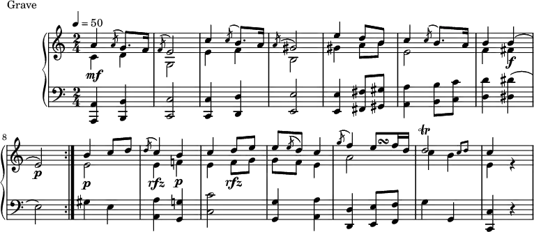 
\version "2.18.2"
\header {
  tagline = ##f
}
upper = \relative c' {
  \clef treble 
  \key a \minor
  \time 2/4
  \tempo 4 = 50
  %\autoBeamOff
   %%Montgeroult — Étude 60 (pdf p. 190)
   << { a'4 \acciaccatura a8 g8. f16 \acciaccatura f8 e2 c'4 \acciaccatura c8 b8. a16 \acciaccatura a8 gis2 e'4 d8 b c4 \acciaccatura c8 b8. a16 b4 b( e,2)\p } \\ { c4\mf d g,2 e'4 f b,2 gis'4 a8 b e,2 f4 fis\f } >> \bar ":|."
   << { b4 c8 d \acciaccatura d8 c4 b c d8 e e \acciaccatura e8 d c4 \acciaccatura g'8 f4 e8 f16 d \afterGrace d2\trill { c8[ d] } c4 } { s2*4 s4 s16 s32\turn } \\ { e,2\p e4\rfz f!\p e f8\rfz g g f e4 a2 c4 b e, r4 } >>
}
lower = \relative c {
  \clef bass
  \key a \minor
  \time 2/4
   < a a, >4 < b b, > < c c, >2 q4 < d d, >4 < e e, >2 q4 < fis fis, >8 < gis gis, > < a a, >4 < b b, >8 < c c, > < d d, >4 < dis dis, >( e,2)
   gis4 e < a a, > < g! g, > < c c, >2 < g g, >4 < a a, > < d, d, > < e e, >8 < f f, > g4 g, < c c, >4 r4
}
  \header {
    piece = "Grave"
  }
\score {
  \new PianoStaff <<
    \new Staff = "upper" \upper
    \new Staff = "lower" \lower
  >>
  \layout {
    \context {
      \Score
    }
  }
  \midi { }
}
