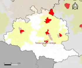 Localisation de l'aire d'attraction de Tarascon-sur-Ariège dans le département de l'Ariège.