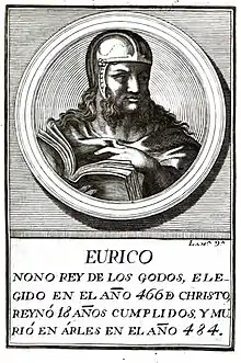 Le roi Euric (gravure extraite de Retratos de los Reyes de Espana desde Atanarico hasta nuestro católico monarca don cárlos III).