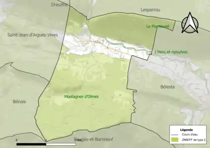 Carte des ZNIEFF de type 2 sur la commune.