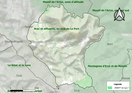 Carte des ZNIEFF de type 1 sur la commune.