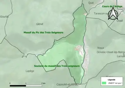 Carte des ZNIEFF de type 1 sur la commune.