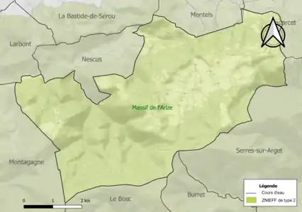 Carte de la ZNIEFF de type 2 sur la commune.