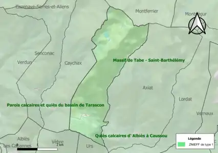 Carte des ZNIEFF de type 1 sur la commune.