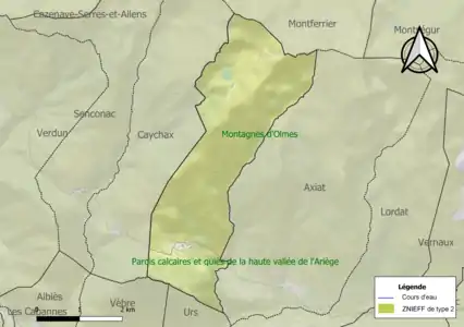 Carte des ZNIEFF de type 2 sur la commune.