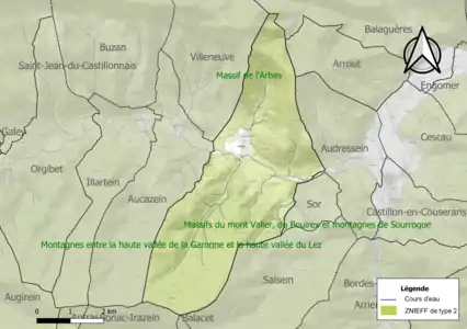 Carte des ZNIEFF de type 2 sur la commune.