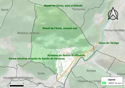 Carte des ZNIEFF de type 1 sur la commune.