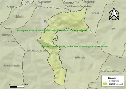 Carte des ZNIEFF de type 2 sur la commune.