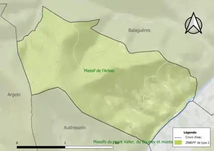 Carte de la ZNIEFF de type 2 sur la commune.