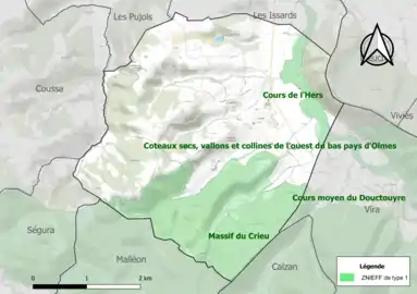 Carte des ZNIEFF de type 1 sur la commune.