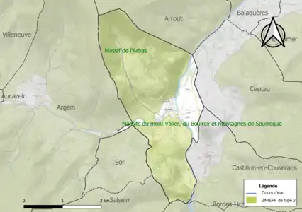 Carte des ZNIEFF de type 2 sur la commune.