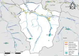 Carte en couleur présentant le réseau hydrographique de la commune