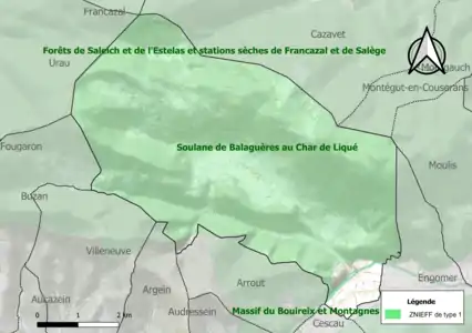 Carte des ZNIEFF de type 1 sur la commune.