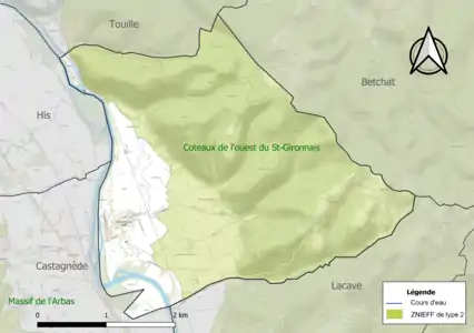 Carte de la ZNIEFF de type 2 sur la commune.