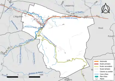 Carte en couleur présentant le réseau hydrographique de la commune