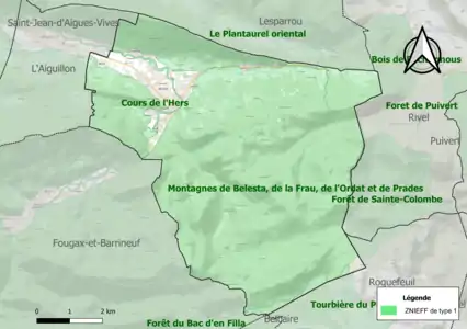 Carte des ZNIEFF de type 1 sur la commune.