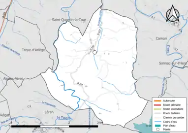 Carte en couleur présentant le réseau hydrographique de la commune