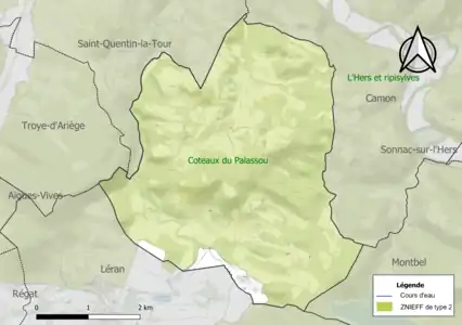 Carte de la ZNIEFF de type 2 sur la commune.