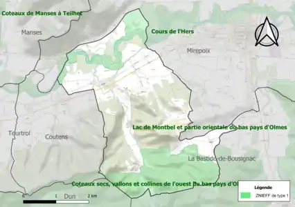 Carte des ZNIEFF de type 1 sur la commune.