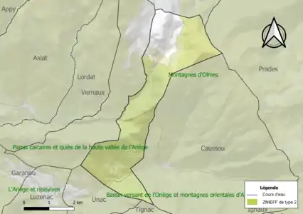 Carte des ZNIEFF de type 2 sur la commune.