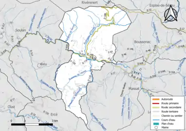 Carte en couleur présentant le réseau hydrographique de la commune