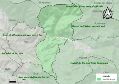 Carte des ZNIEFF de type 1 sur la commune.