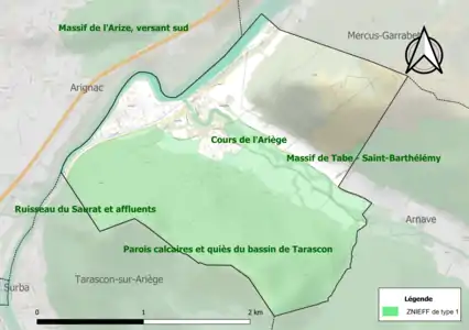 Carte des ZNIEFF de type 1 sur la commune.