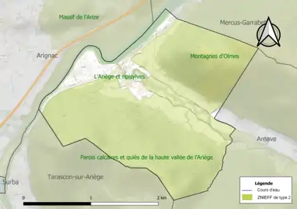 Carte des ZNIEFF de type 2 sur la commune.