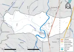 Carte en couleur présentant le réseau hydrographique de la commune