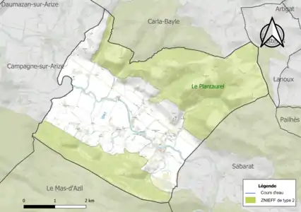 Carte de la ZNIEFF de type 2 sur la commune.