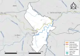 Carte en couleur présentant le réseau hydrographique de la commune