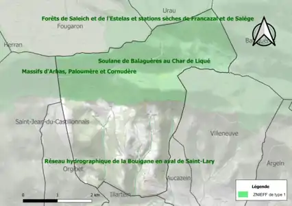 Carte des ZNIEFF de type 1 sur la commune.