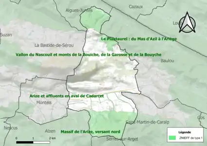 Carte des ZNIEFF de type 1 sur la commune.