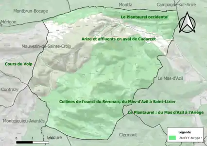 Carte des ZNIEFF de type 1 sur la commune.