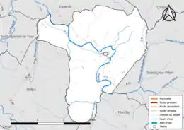 Carte en couleur présentant le réseau hydrographique de la commune