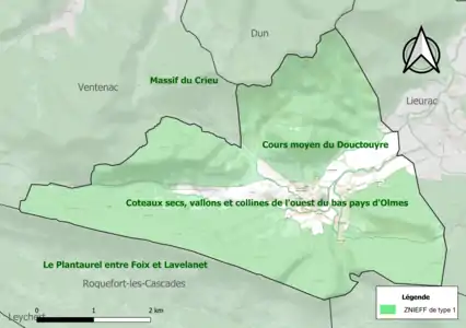 Carte des ZNIEFF de type 1 sur la commune.