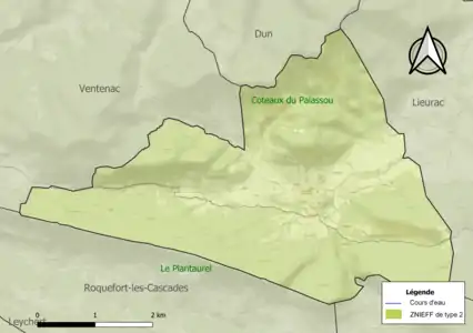 Carte des ZNIEFF de type 2 sur la commune.