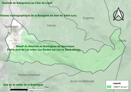 Carte des ZNIEFF de type 1 sur la commune.