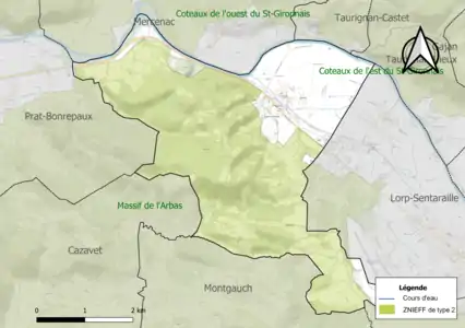 Carte de la ZNIEFF de type 2 sur la commune.