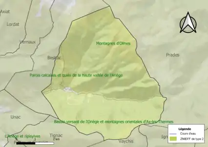 Carte des ZNIEFF de type 2 sur la commune.