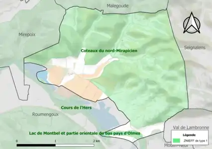 Carte des ZNIEFF de type 1 sur la commune.