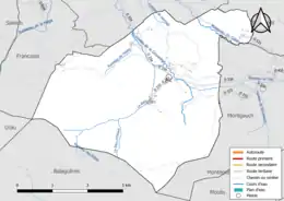 Carte en couleur présentant le réseau hydrographique de la commune