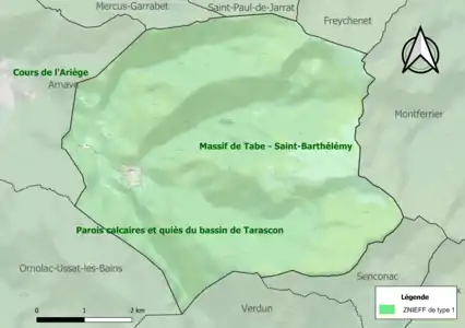 Carte des ZNIEFF de type 1 sur la commune.