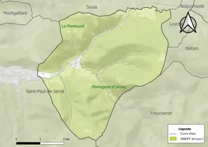 Carte des ZNIEFF de type 2 sur la commune.