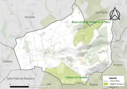 Carte des ZNIEFF de type 2 sur la commune.